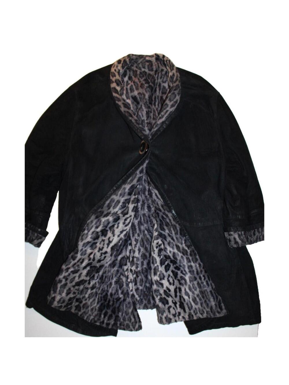 Enrico Mandelli Black Leather Suede Leopard Print Coat